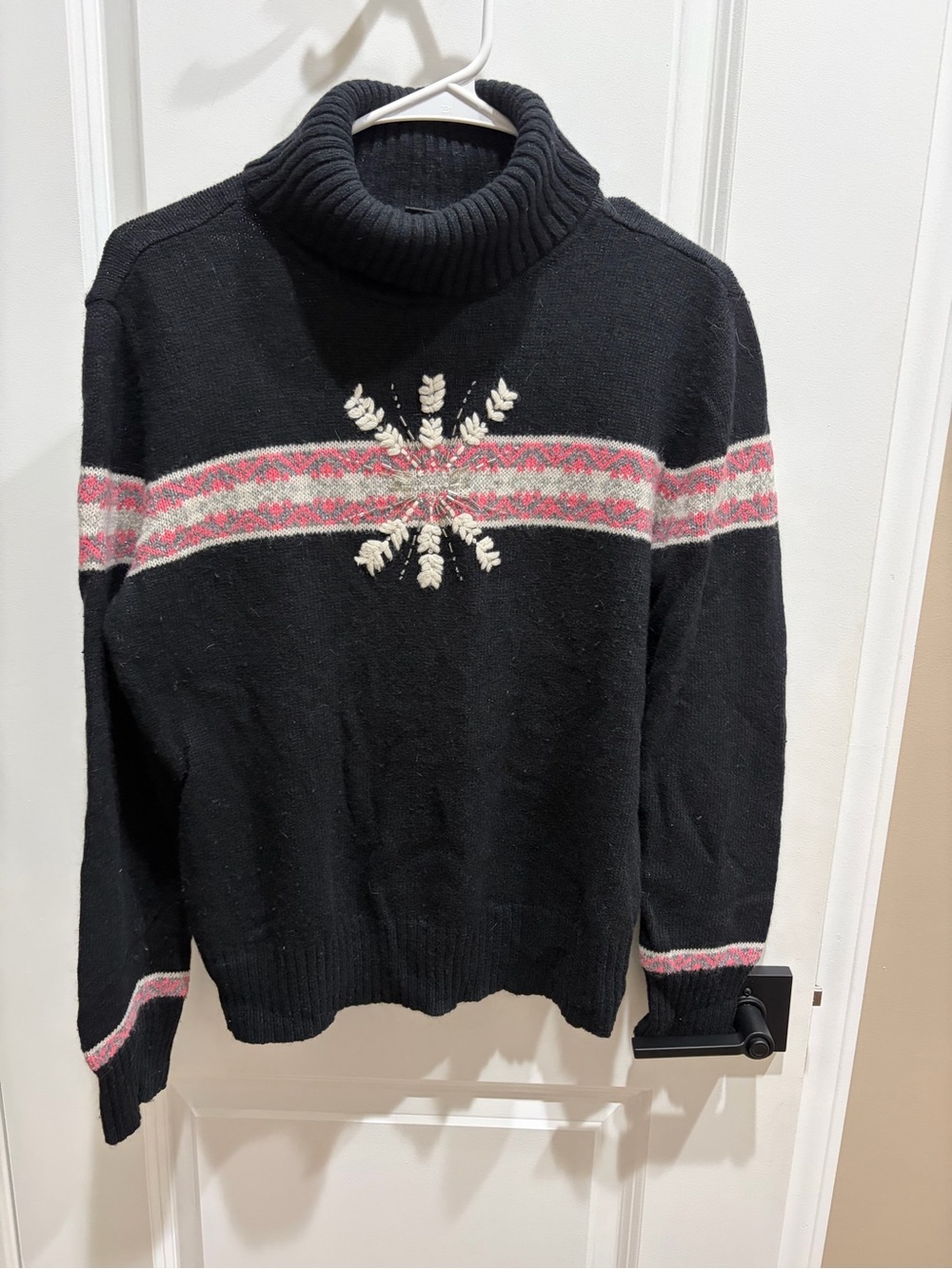 New York & Company Black Turtleneck Sweater with Pink and Cream Snowflake Detail